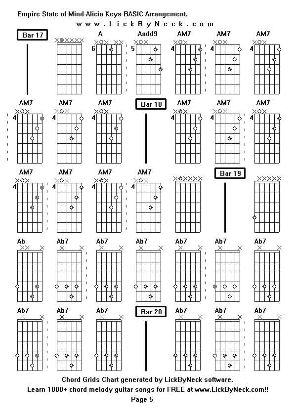 Chord Grids Chart of chord melody fingerstyle guitar song-Empire State of Mind-Alicia Keys-BASIC Arrangement,generated by LickByNeck software.